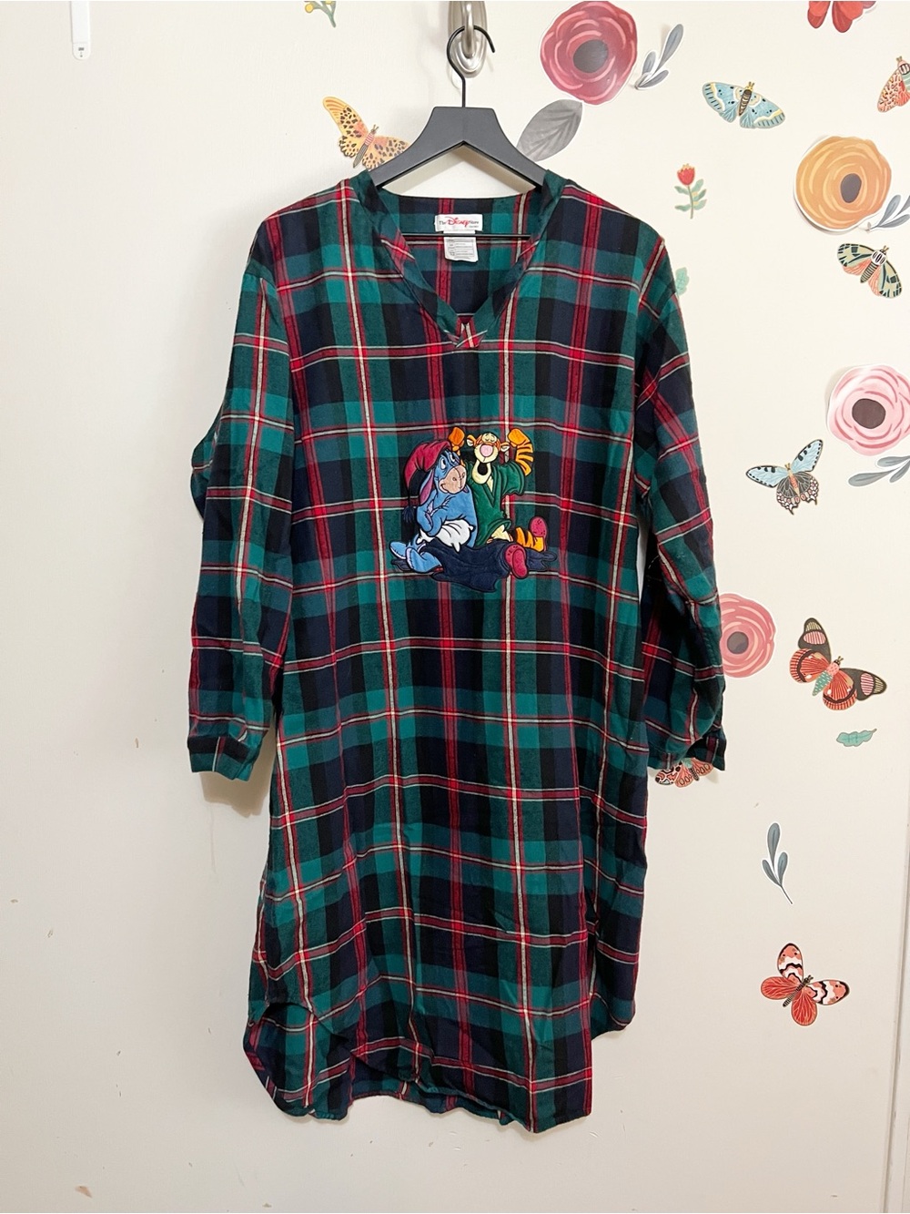 Vintage 90s Disney Eeyore & Tiger Green Red Plaid Nightshirt OSFM
